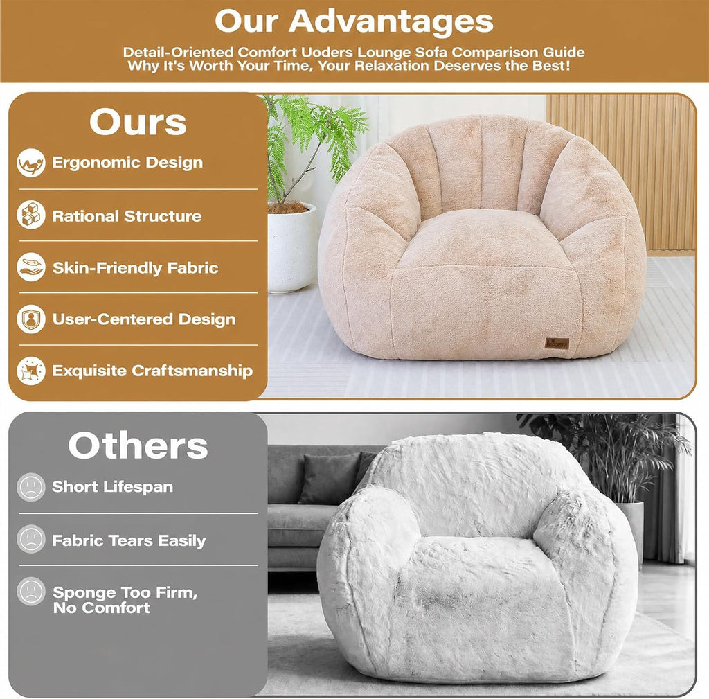 Giant Bean Bag Chair for Adults, Teens and Kids, Cozy Fluffy Corduroy Beanbag Chair with Filler, Large Floor Lounge Sofa for Living Room, Bedroom, Dorm, Gaming and Reading(L-Khaki)