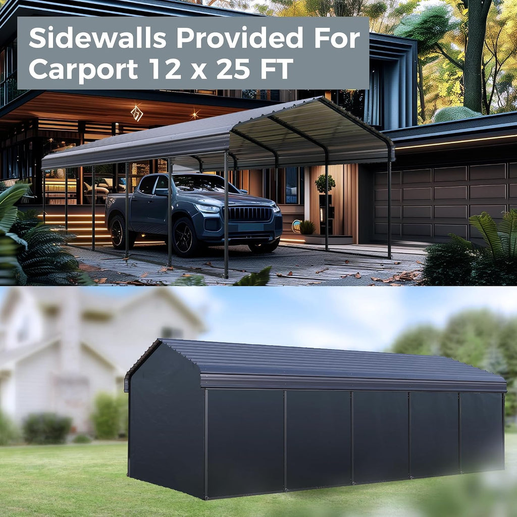 GREEN PARTY 12 x 25 ft Metal Carport Kits with Galvanized Steel Roof & Removable Sidewalls, Heavy Duty Metal Carport Canopy, Outdoor Car Tent Metal Garage Shelter for Car, SUV, Truck and Boats, Gray