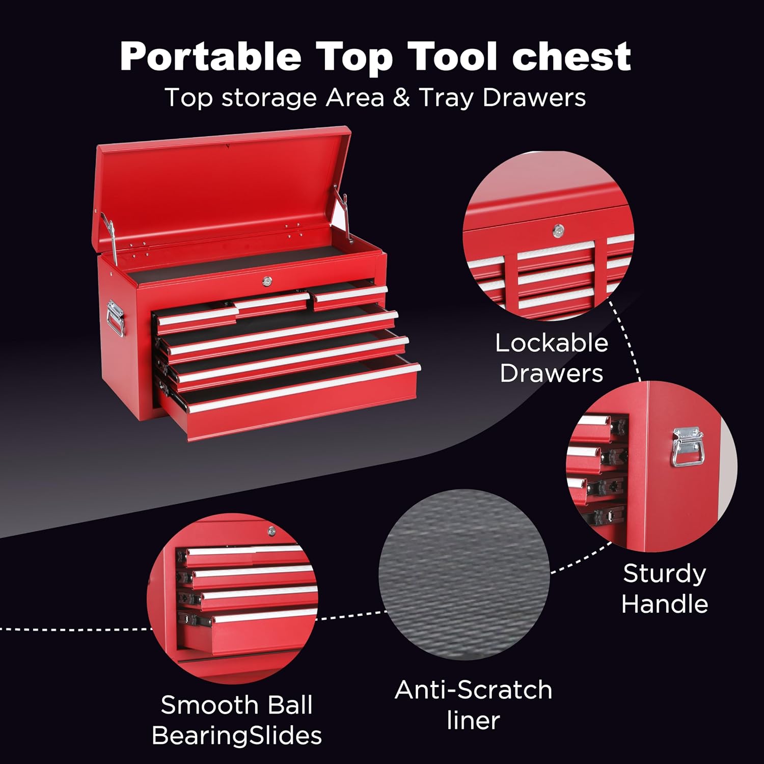 Tool Chest, 8-Drawer Rolling Tool Storage Cabinet with 2 in 1 Detachable Top Tool Box, Liner, Lockable Wheels, Side Hooks,Metal Tool Cart for Garage (8-Drawer Red)