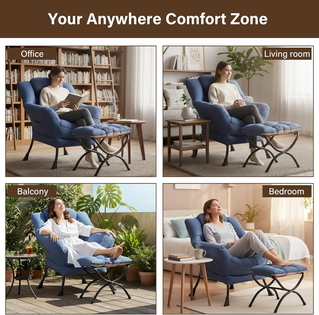 Welnow Lazy Chair with Ottoman, Modern Accent Chair with Armrests and a Side Pocket, Leisure Sofa Armchair, Reading Armchair with Footrest for Small Space, Royal Blue