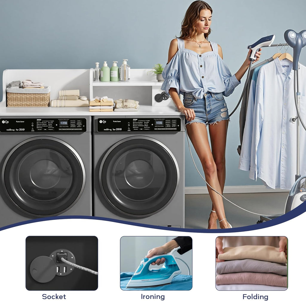 DTK Washer Dryer Countertop with Charging Station, 2 Tier Laundry Countertop with Anti-Slip Strips, 27.55' Depth x 54' Width, Wood Dryer Cover with Shelf,White (White)
