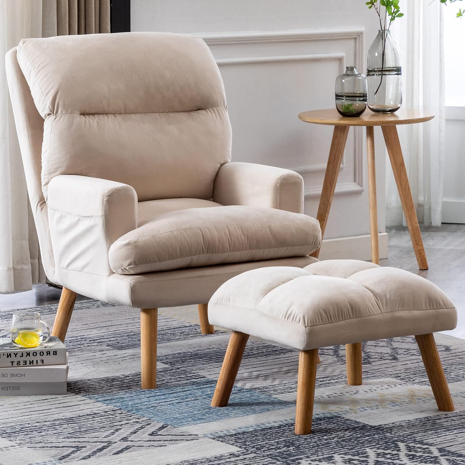 CANMOV Modern Accent Chair with Ottoman, Soft Fabric Armchair with Adjustable Backrest and Side Pockets, Comfy Lounge Chair for Living Room, Bedroom, Apartment, Office, Beige