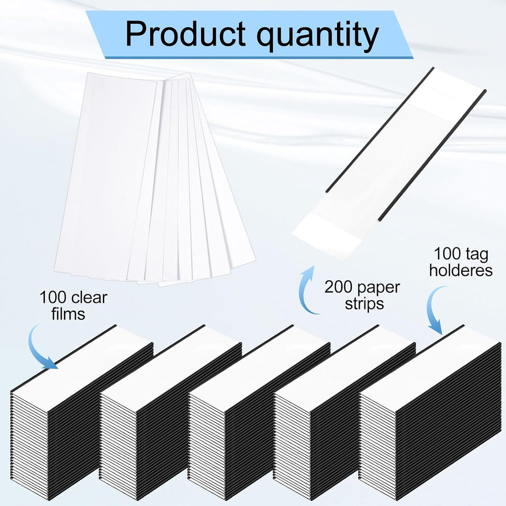 Gueevin 100 Pcs Magnetic C Channel Label Holders 3 x 8 Inch Label Holders Magnet Name Plate with Paper Inserts and Clear Plastic Protectors for File Cabinet Shelf Toolbox Drawer