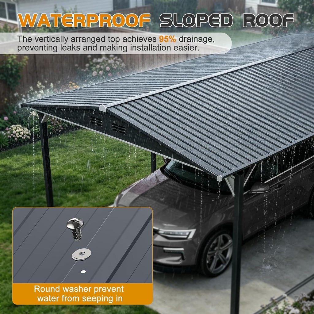 KEIKI 12x23 FT Heavy Duty Metal Carport with Storage Shed, Steel Garage Shelter with Sliding Door, Waterproof Sloped Roof, UV Protection Panels, Outdoor Car Canopy for Car, Boat, Tractor