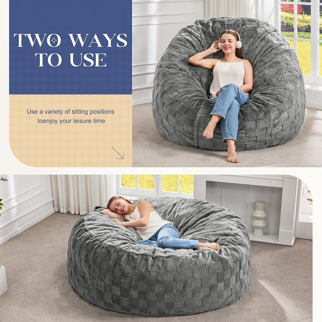 Hobestluk Bean Bag Chairs Beanbag Chair with Filler Adult Bean Bags with Fluffy Cover, Giant Bean Bag Chairs for Aduts for Living Room, Bedroom (Grey, 6FT - 70' x 70' x 15')