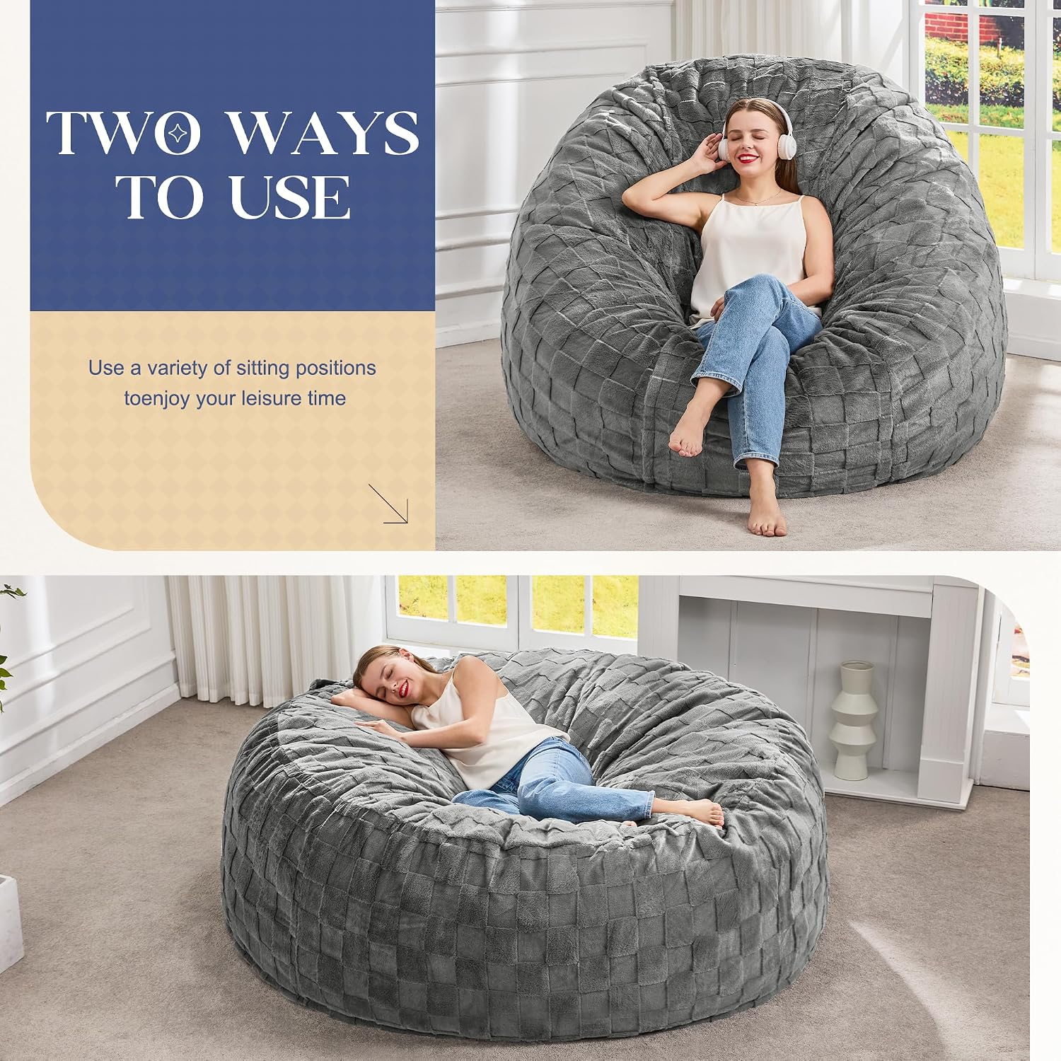 Hobestluk Bean Bag Chairs Beanbag Chair with Filler Adult Bean Bags with Fluffy Cover, Giant Bean Bag Chairs for Aduts for Living Room, Bedroom (Grey, 6FT - 70' x 70' x 15')