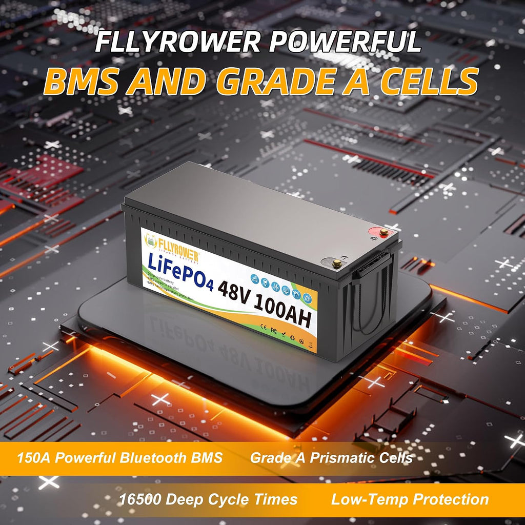 FLLYROWER 48V Lithium Battery 100AH With 150A Smart BMS and 16500 Deep Cycles 48V 100AH Lifepo4 Battery Grade A Cells for Marine Trolling Motor RV camping Solar Golf Cart Off-Grid