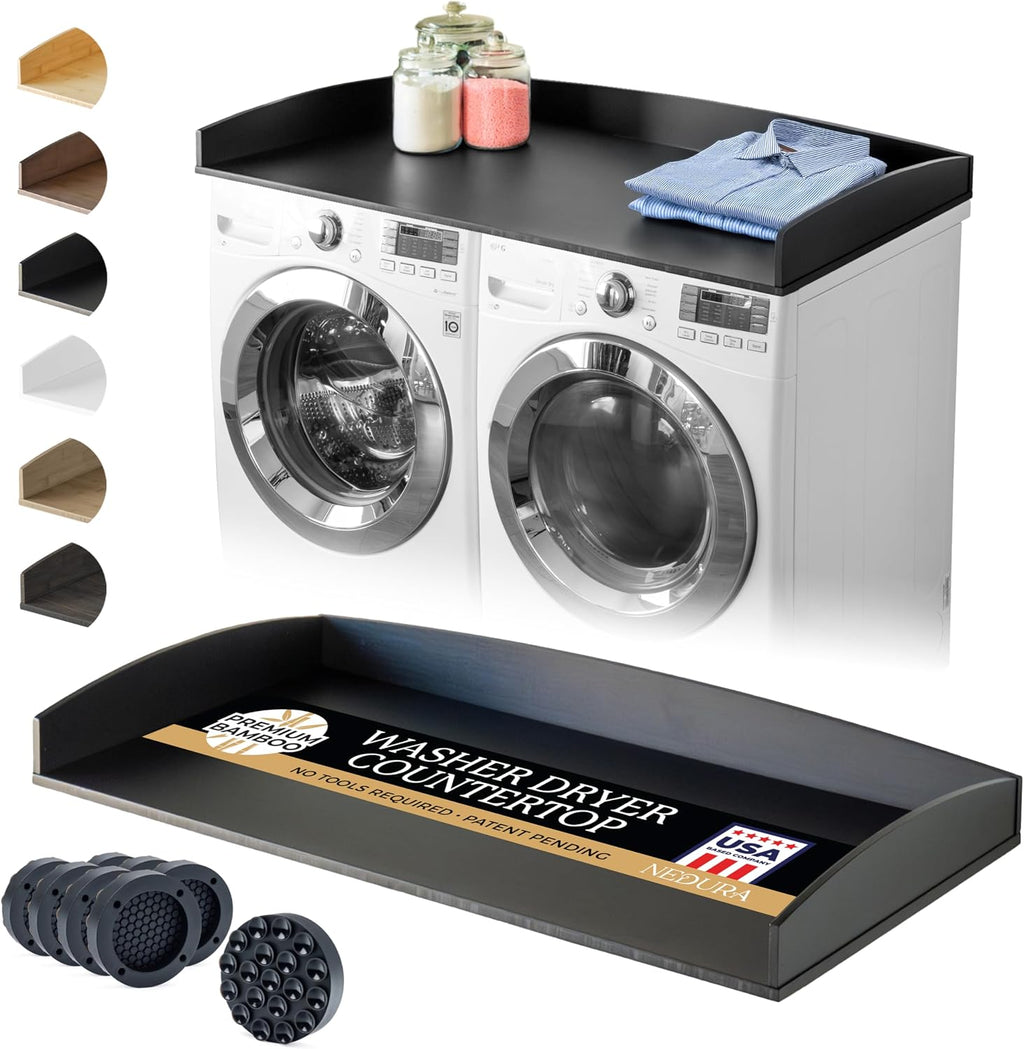 Nedura Washer Dryer Countertop w/Anti-Vibration Pads & Curved Edge Rails, Premium Bamboo Laundry Countertop, Washer Dryer Topper, Laundry Room Organization, Laundry Accessory, Designed in USA - Black