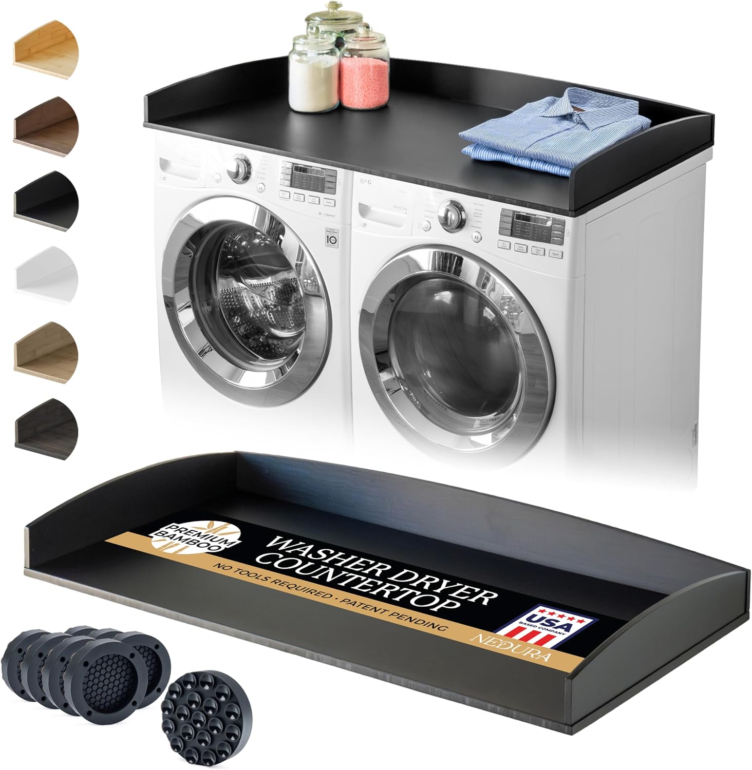 Nedura Washer Dryer Countertop w/Anti-Vibration Pads & Curved Edge Rails, Premium Bamboo Laundry Countertop, Washer Dryer Topper, Laundry Room Organization, Laundry Accessory, Designed in USA - Black
