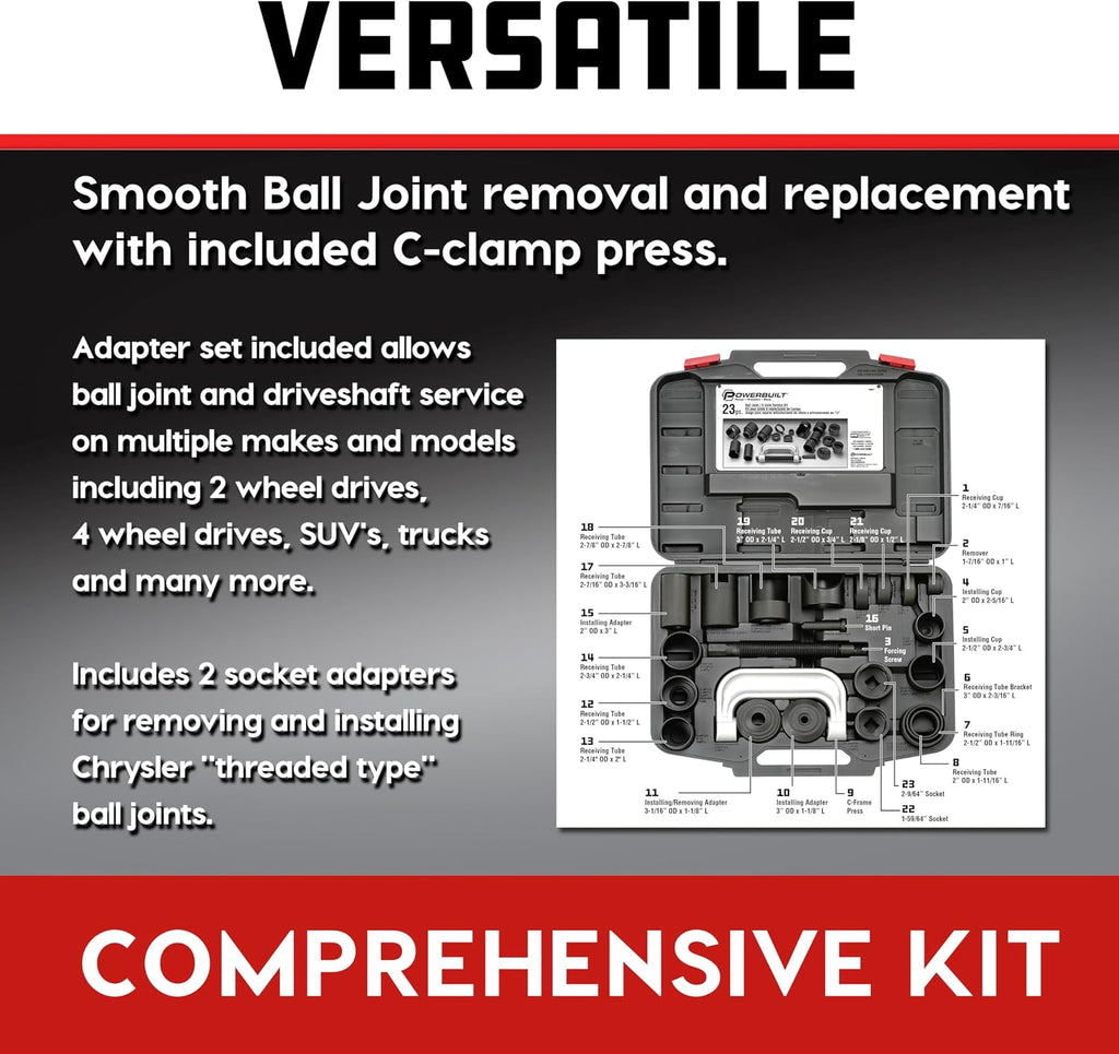 Powerbuilt Ball and U Joint Service Set, 23 Piece Tool Kit, Remove and Install Ball Joints, Receiving Tube, Adapters, Sockets - 648617