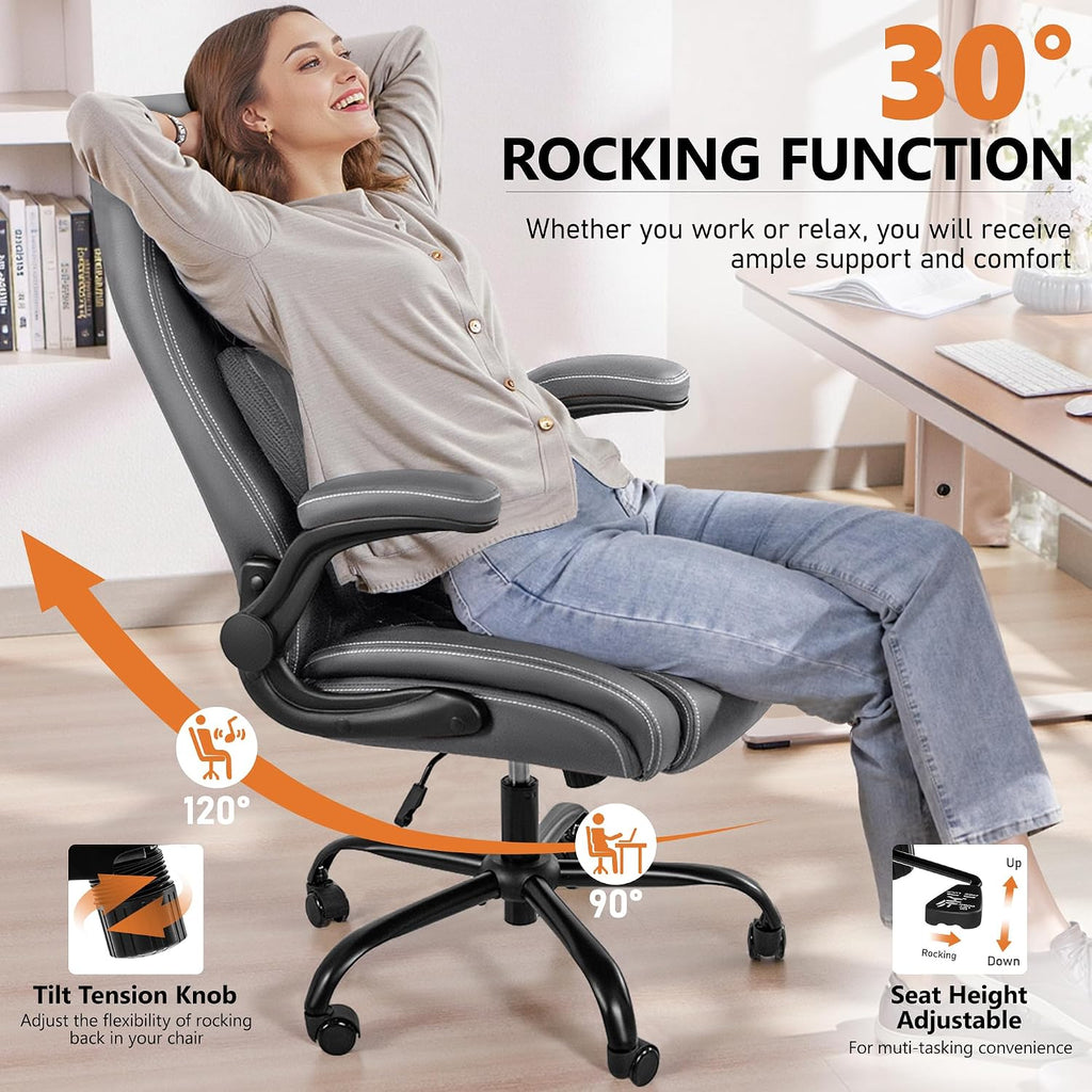 BESTFAIR Office Chair, Executive Computer Desk Chair with Lumbar Support for Lower Back Pain Relief, Ergonomic Leather Home Chair Comfy with Padded Flip-up Arms and Adjustable Armrests, Gray
