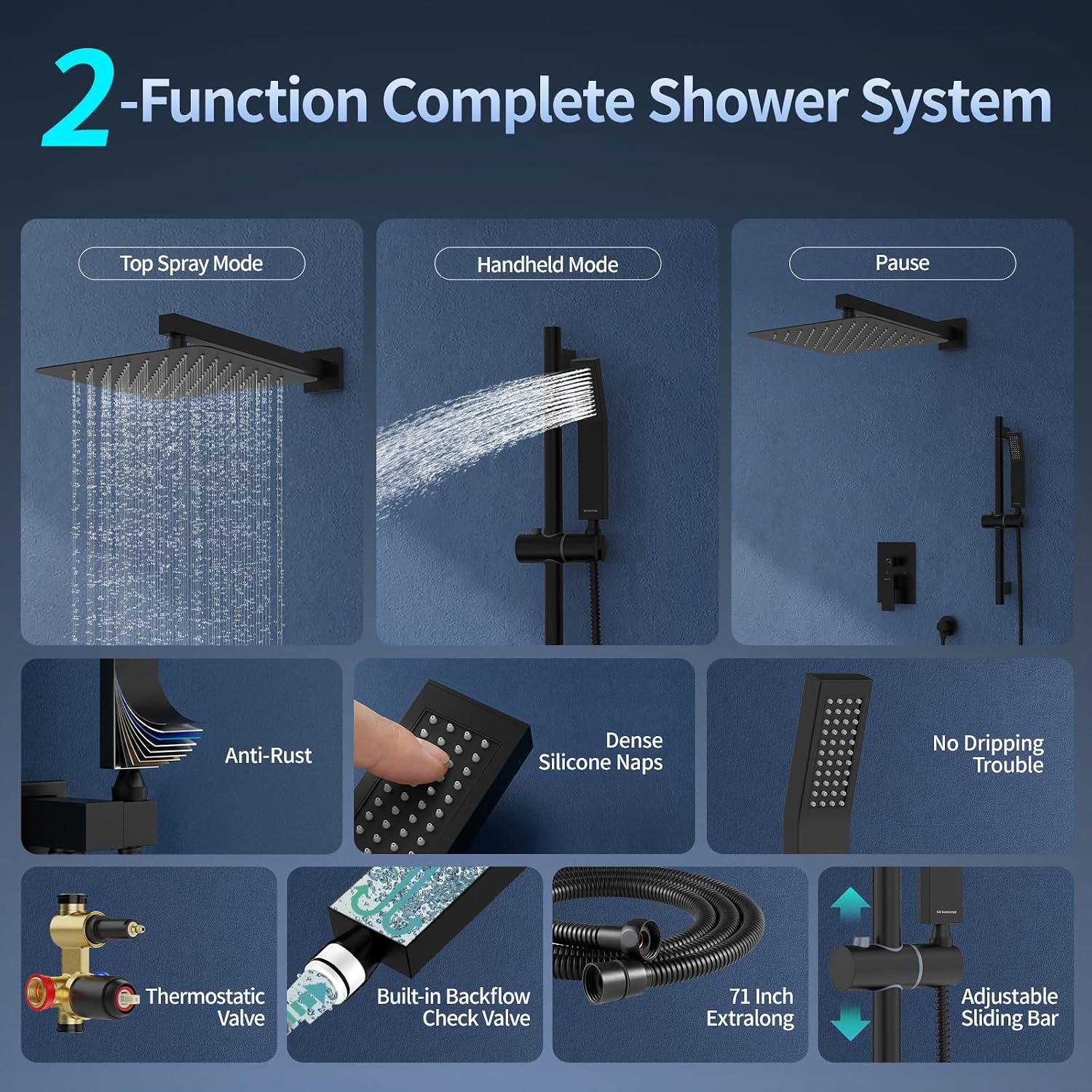 SR SUN RISE 12 Inch Slide Bar Shower Faucet Luxury High Pressure Shower Heads and Handheld Spray Combo Set Wall Mounted Shower System Included Valve and Trim Kit, Matte Black