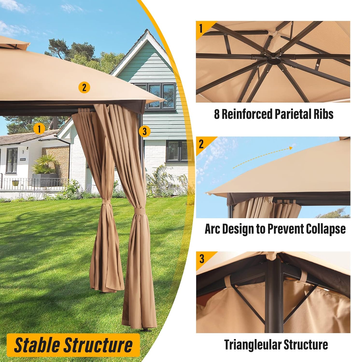 LAUSAINT HOME 10x10 Patio Arc Gazebo Outdoor Canopy Tent with Curtains, Soft Top Party Shelter with Expansion Bolts and Wind-Resistant Ropes for Backyard, Garden, Lawn, Deck, Khaki