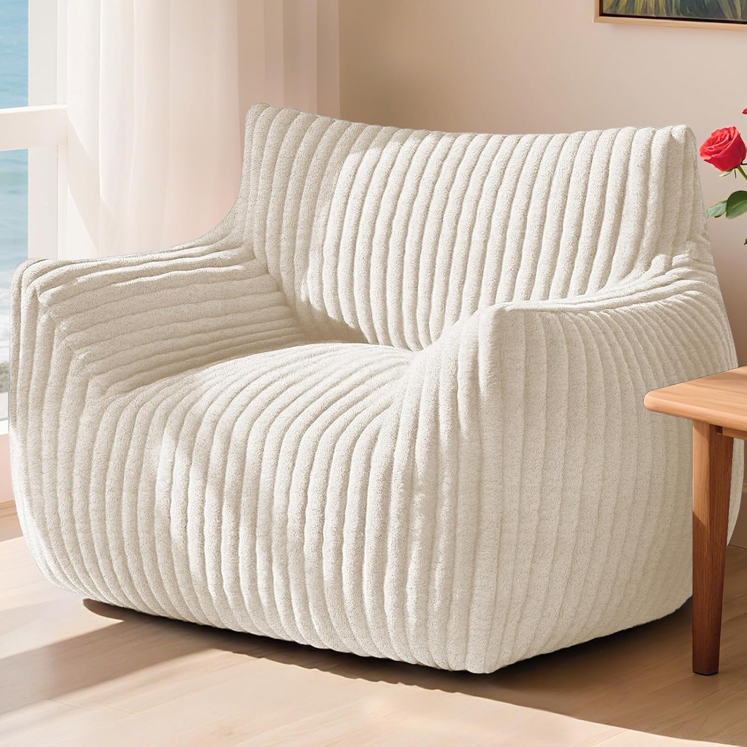 Giant Bean Bag Chair for Adults, Oversized Memory Foam Bean Bag Sofa with Armrests, Large Comfy Fluffy Single Lounges Mini Couch for Living Room, Bedroom & Dorm(Beige)