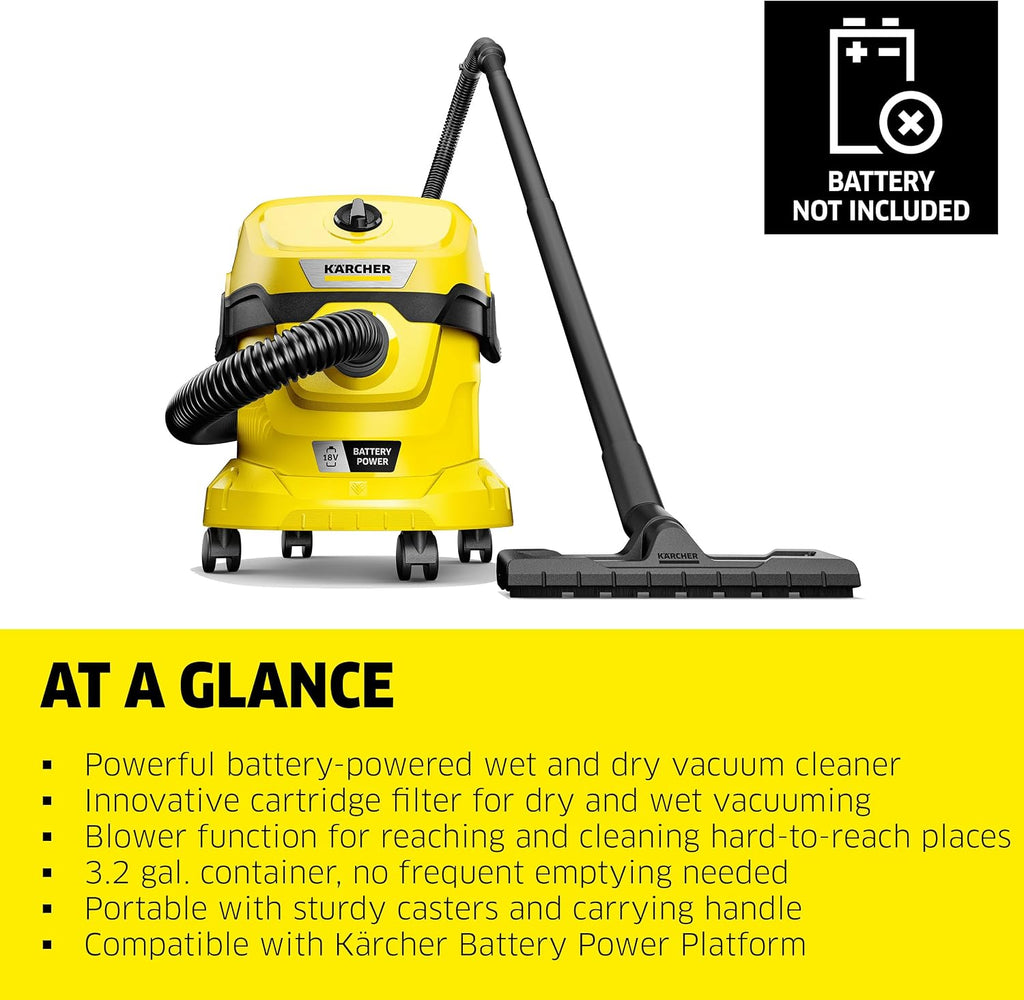 Kärcher WD 2-18 Battery Powered Wet Dry Shop Vacuum Cleaner with Blower Function & Attachements, Multi Purpose, 225 W- Cartridge Filter, Fleece Bag, Floor & Crevice Nozzle, 3.2 Gal - Tool Only