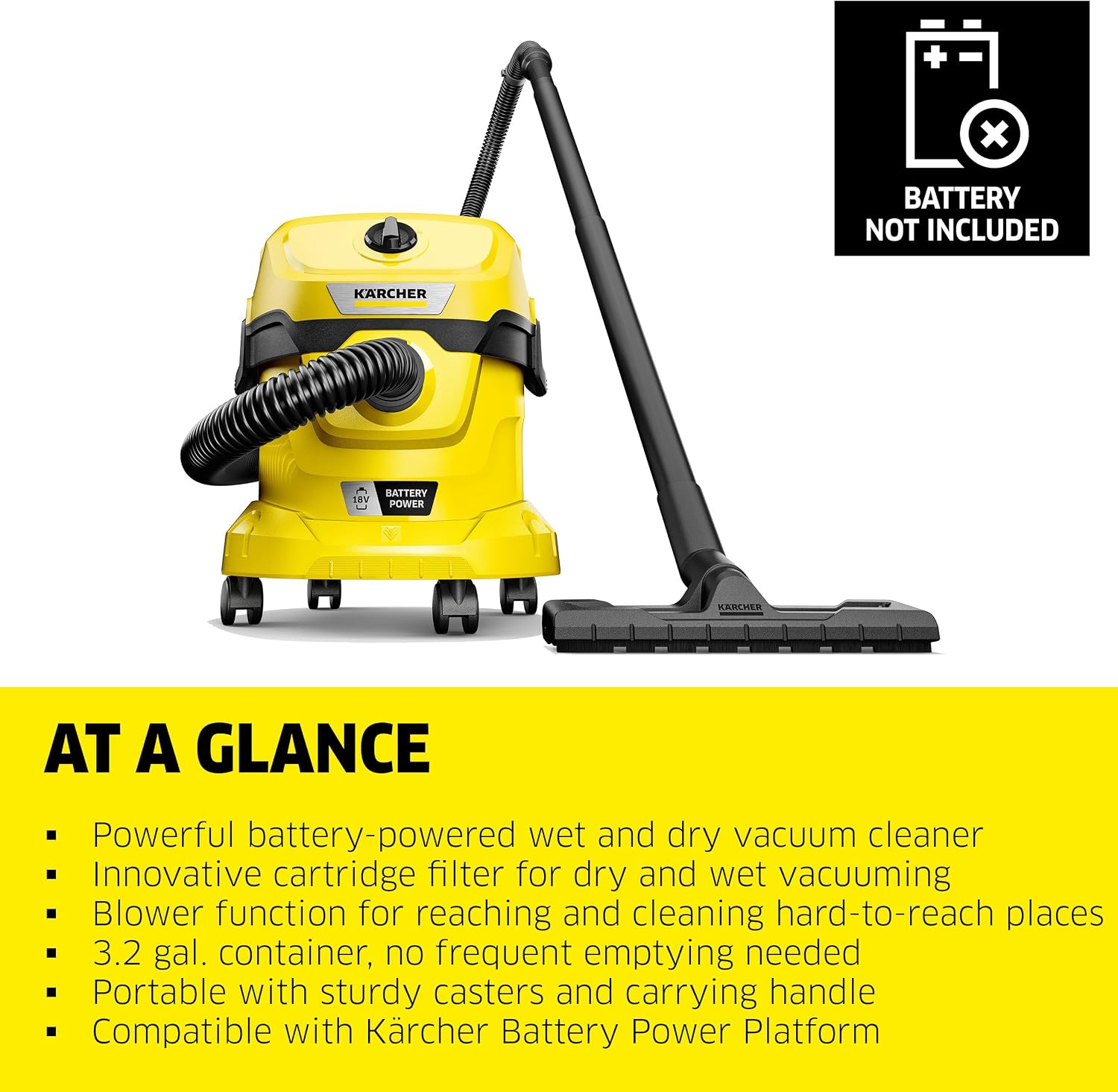 Kärcher WD 2-18 Battery Powered Wet Dry Shop Vacuum Cleaner with Blower Function & Attachements, Multi Purpose, 225 W- Cartridge Filter, Fleece Bag, Floor & Crevice Nozzle, 3.2 Gal - Tool Only