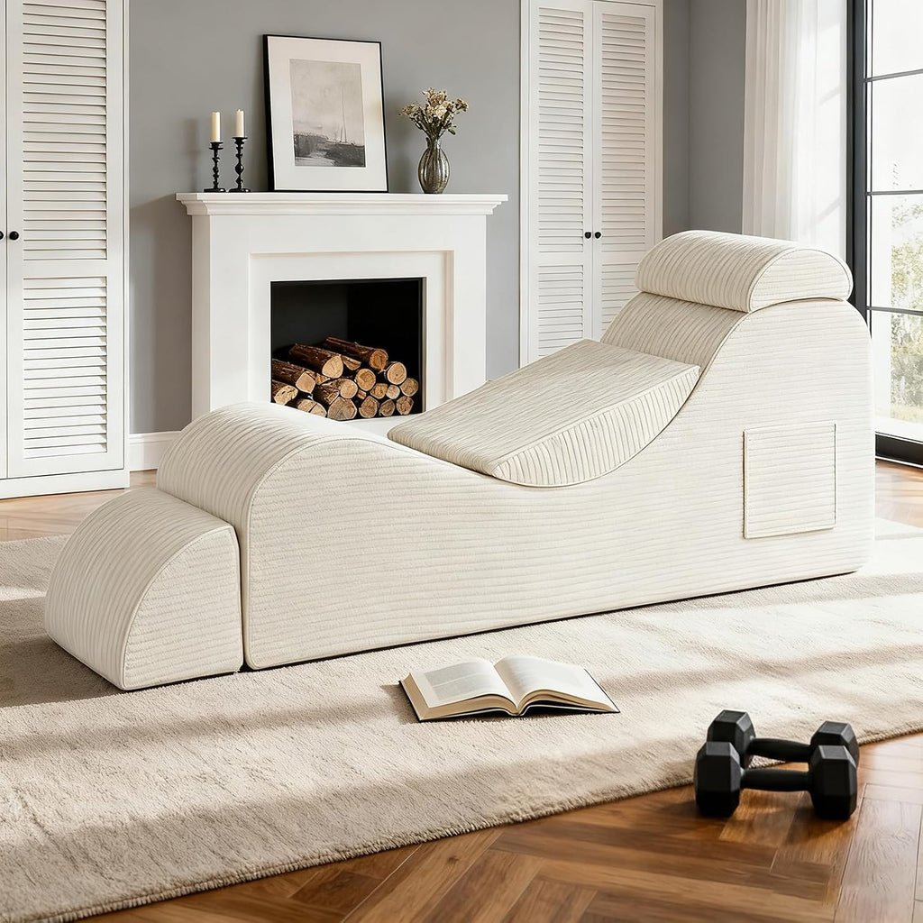 Yoga Chair for Adult, Chaise Lounge Chair with Headrest, Waist Pad, Ottoman, Side Pocket, High Density Foam and Non-Slip Bottom, Yoga Chair for Stretching Exercise, Massage, and Relaxation (Beige)