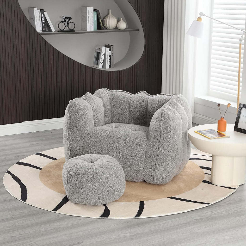 Giant Bean Bag Chair with Ottoman, Oversized Beanbag Chair for Adults, Comfy Floor Sofa Chair with Foam Filler, Pumpkin Lazy Lounger for Living Room, Game Room, Reading Corner, Chenille Grey