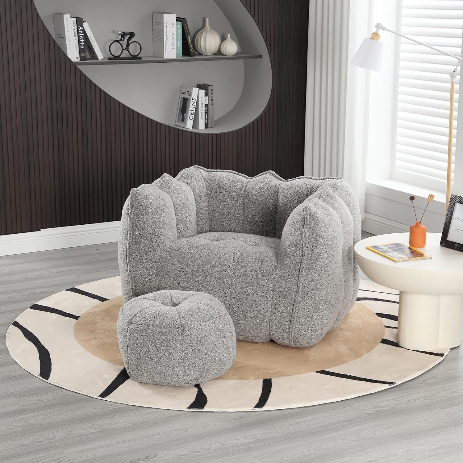 Giant Bean Bag Chair with Ottoman, Oversized Beanbag Chair for Adults, Comfy Floor Sofa Chair with Foam Filler, Pumpkin Lazy Lounger for Living Room, Game Room, Reading Corner, Chenille Grey