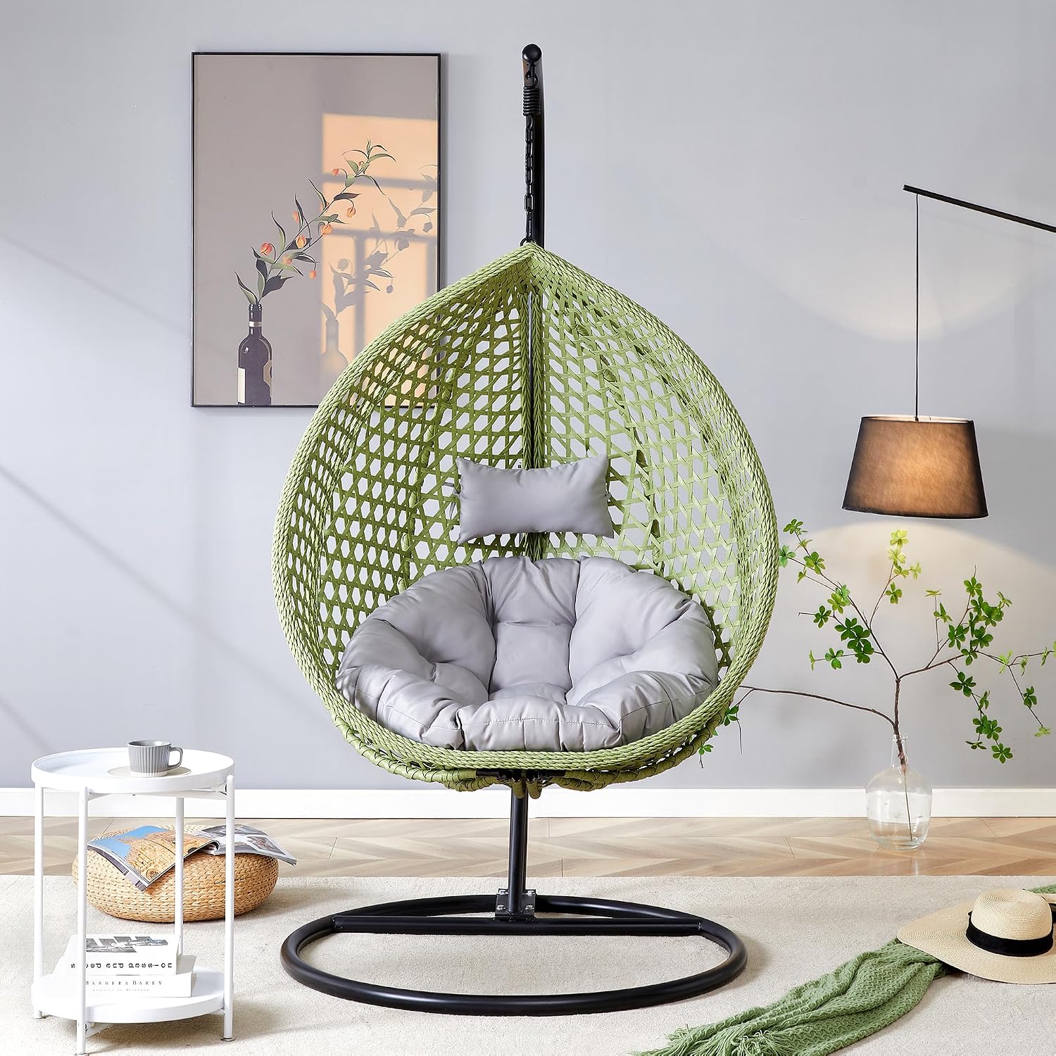Egg Swing Chair with Stand,Green Swing Egg Chair with Stand, Rattan Hanging Egg with Soft Cushion, Outdoor Hanging with Foldable Basket and Metal Stand for Bedroom Patio