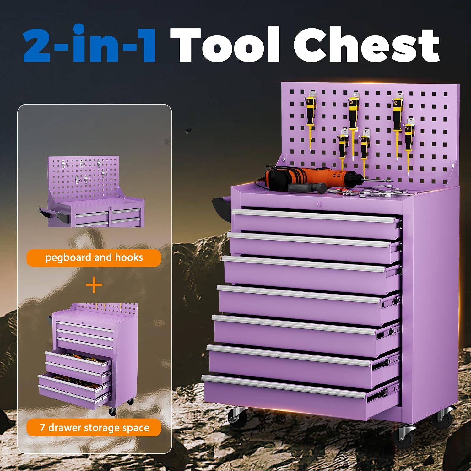 INTERGREAT 7 Drawers Rolling Tool Box with Pegboard,Portable Tool Chest with Wheels, Tool Box Organizer with Locking System for Garage(Purple)