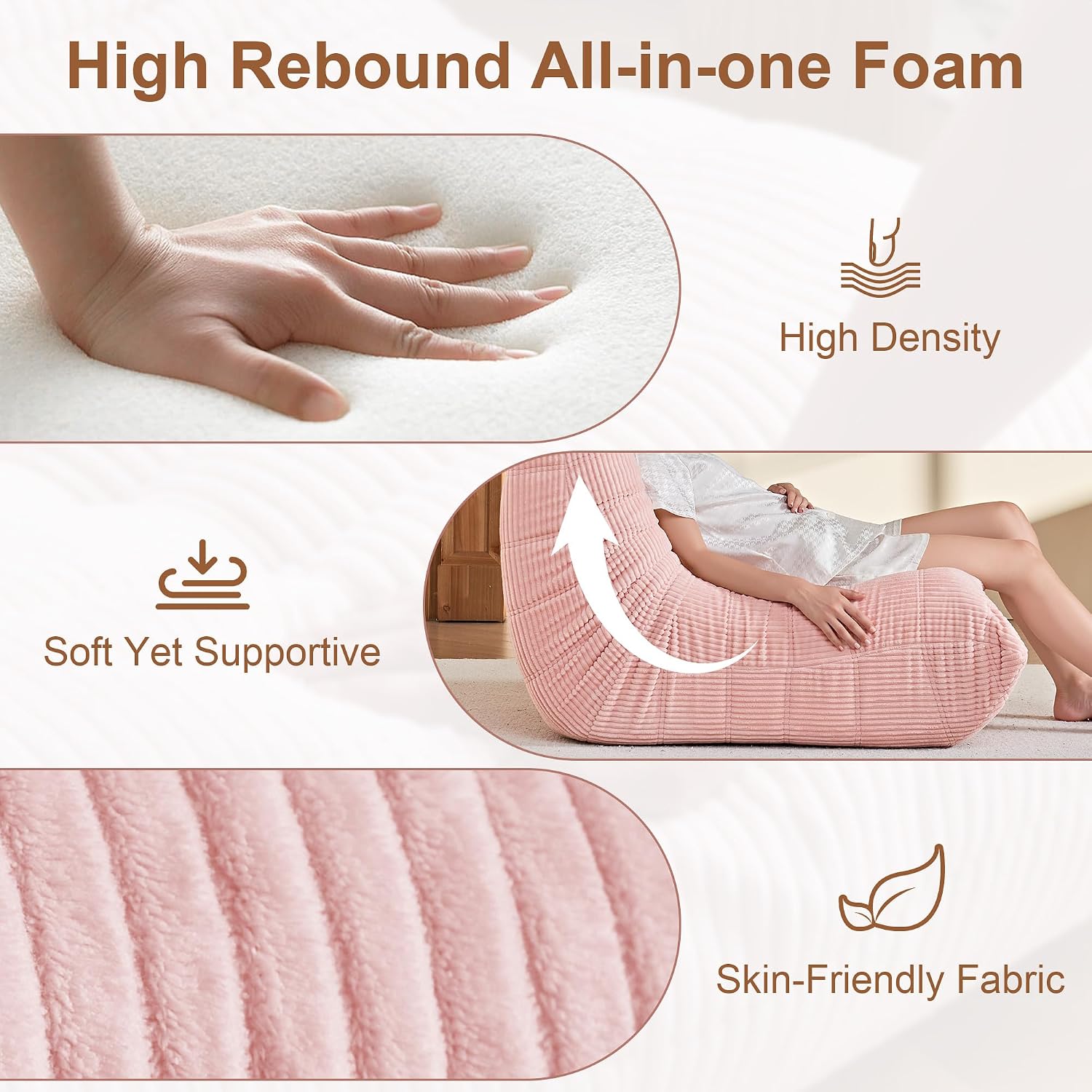 Bean Bag Chair for Adults, Giant Bean Bag Chairs with Lumbar Pillow, Oversized Corduroy Memory Foam Boneless Chair with High-Rebound, Lazy Floor Sofa for Reading Gaming Living Room Bedroom, Pink