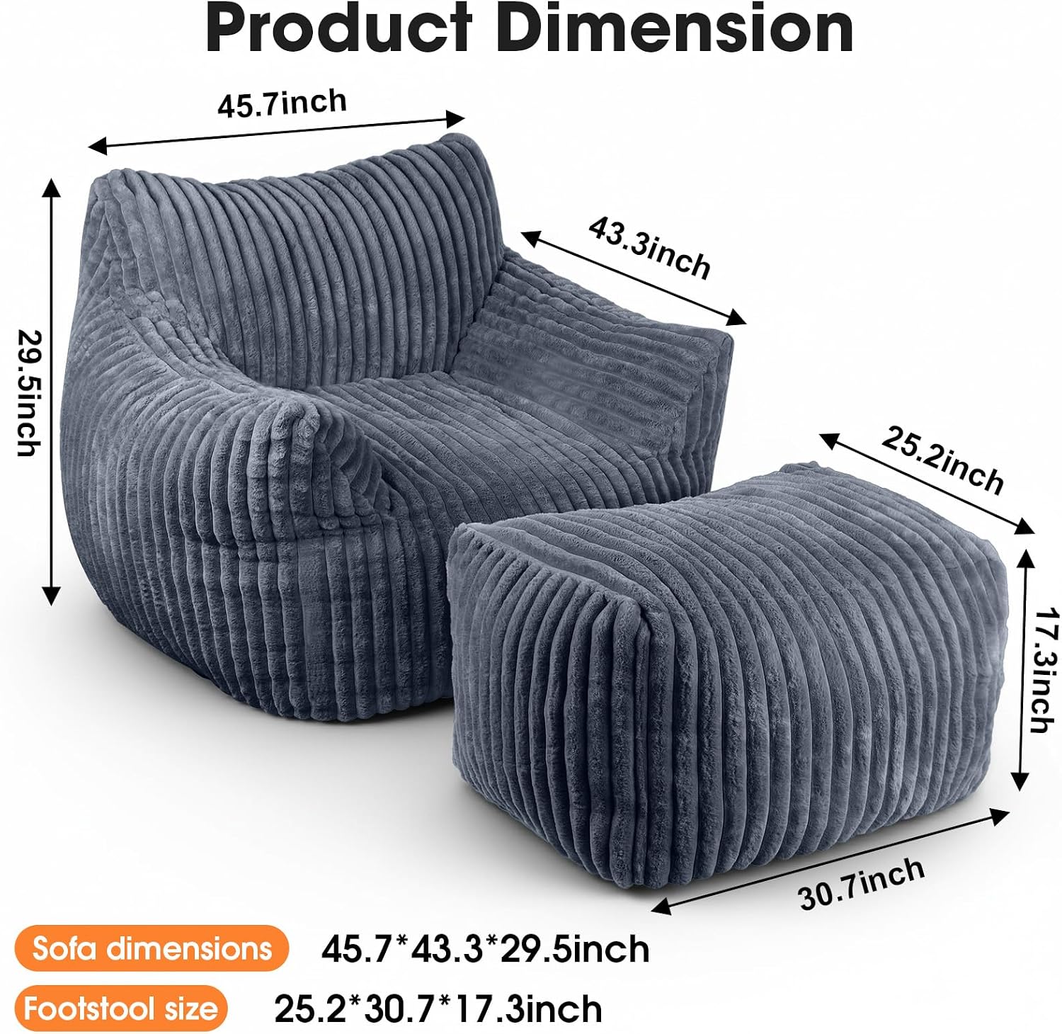 Giant Bean Bag Chair with Ottoman, Oversized Memory Foam Bean Bag Sofa for Adults and Kids, Large Comfy Fluffy Single Lounges Mini Couch for Living Room, Bedroom & Dorm(Gray)