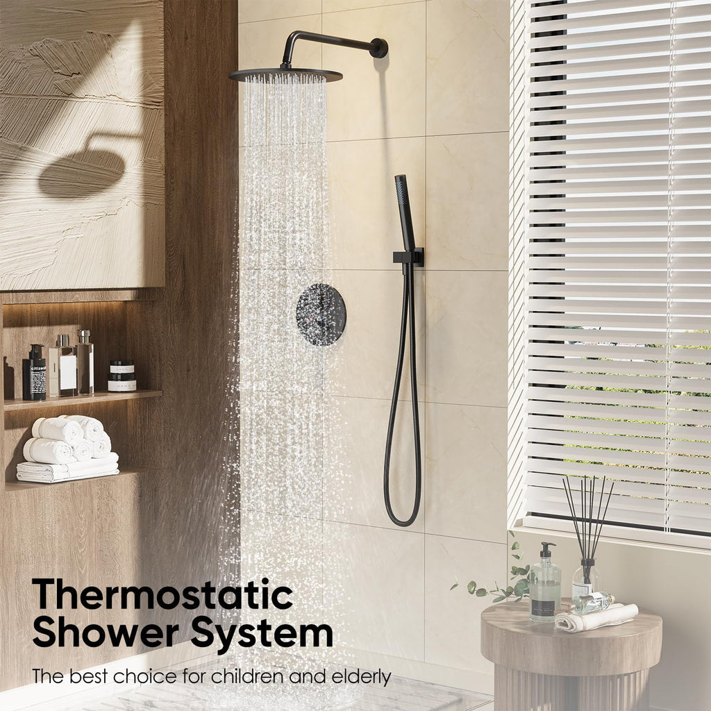 Gabrylly Thermostatic Shower Faucet Set, All Metal Shower System with Anti Scald Shower Valve, High Pressure 10' Rain Shower head with Handheld Spray Combo, Matte Black