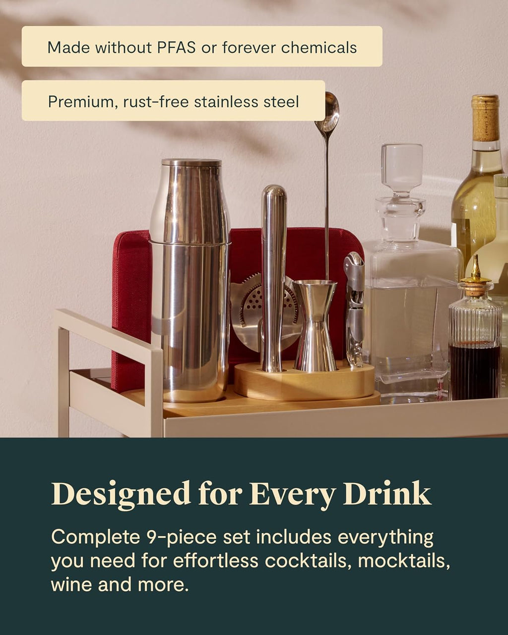 Caraway 9-Piece Complete Bar Set - Cocktail Shaker, Jigger, Muddler, Wine Key, Strainer, Bar Spoon, Storage Organizer, Magnetic Backer - Bartender Accessories - Tools for Home Bartending - Gray