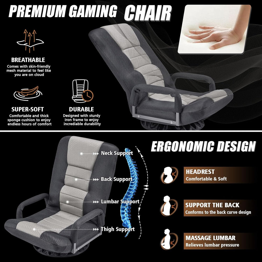 Swivel Gaming Chair Multipurpose 2PACK Floor Gaming Chair for Playing Video Games, TV, Reading w/Armrest Lumbar Support & 6 Adjustable Postion Backrest for Adults,Grey