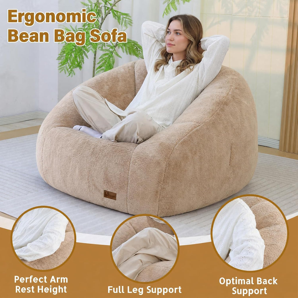 Giant Bean Bag Chair for Adults, Teens and Kids, Cozy Fluffy Corduroy Beanbag Chair with Filler, Large Floor Lounge Sofa for Living Room, Bedroom, Dorm, Gaming and Reading(L-Khaki)