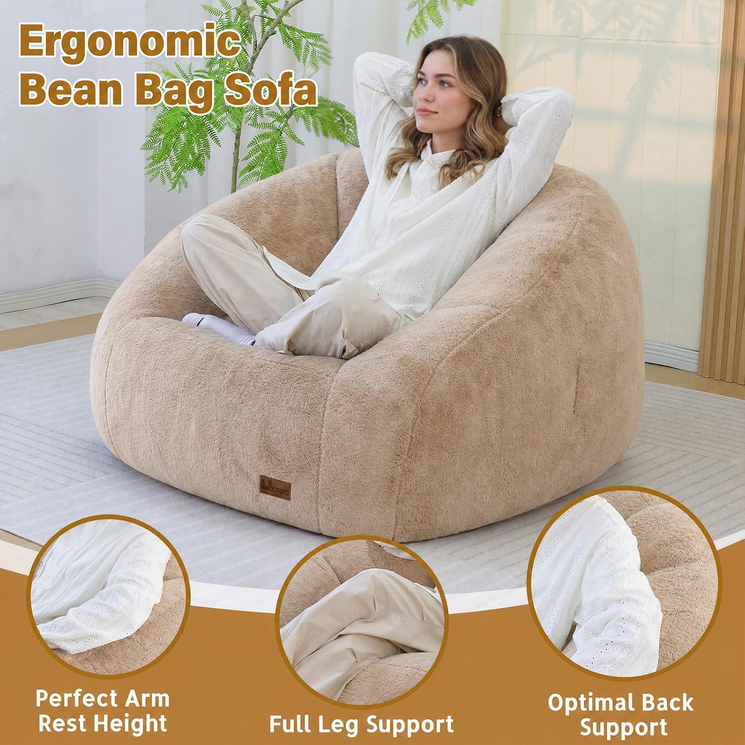 Giant Bean Bag Chair for Adults, Teens and Kids, Cozy Fluffy Corduroy Beanbag Chair with Filler, Large Floor Lounge Sofa for Living Room, Bedroom, Dorm, Gaming and Reading(L-Khaki)