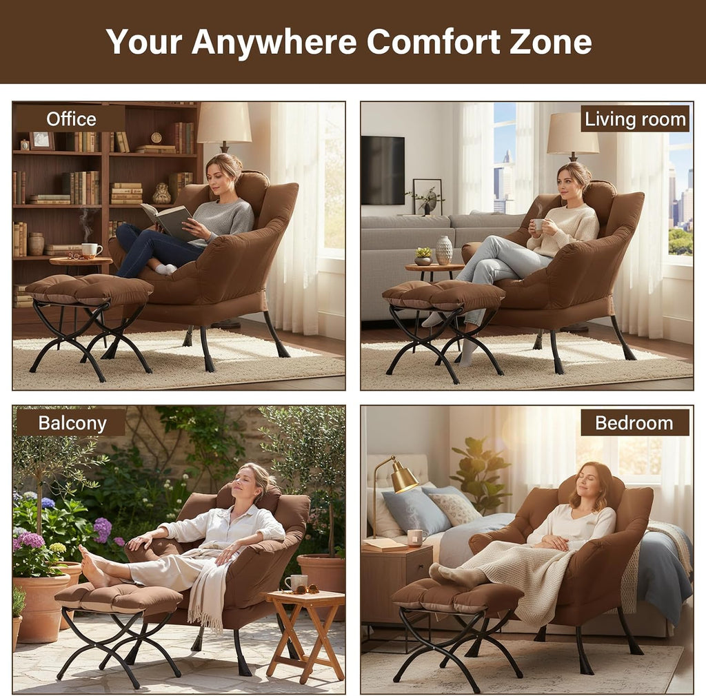 Welnow Lazy Chair with Ottoman, Modern Accent Armchair with Armrests and a Side Pocket, Leisure Sofa Armchair Set, Reading Chair with Footrest for Small Space, Dark Brown