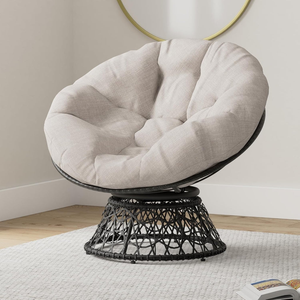 Bme 40' Ergonomic Wicker Papasan Chair with Soft Thick Cushion & Frame, 360° Swivel Papasan Chair, Circle Chair, Reading Chair, Chair for Living Room, Bedroom, Silver Cloud - Black Frame