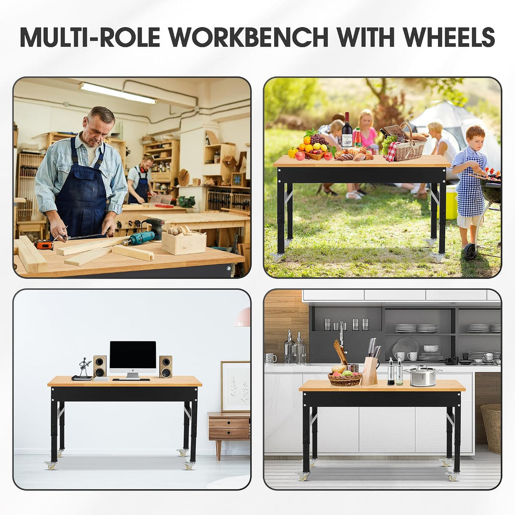 60'' Adjustable Workbench, 2000 LBS Load Capacity Heavy Duty Workstation with Power Outlets, Rubber Wood Top Worktable for Garage, Office,Workshop, Commercial