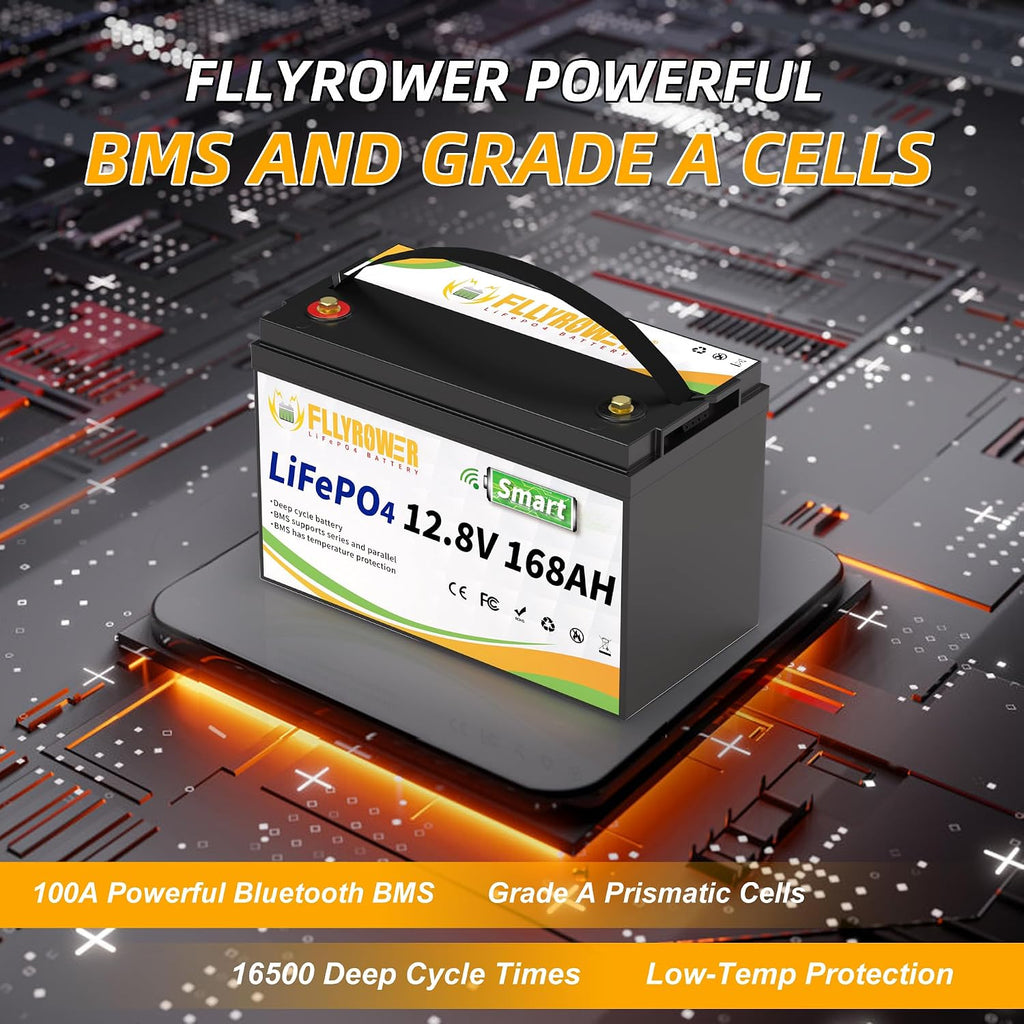 FLLYROWER Lithium Battery 12V 168AH With Smart BMS and 17000 Deep Cycles Lifepo4 Battery Grade A Cells for Marine Trolling Motor RV camping Solar Golf Cart Off-Grid