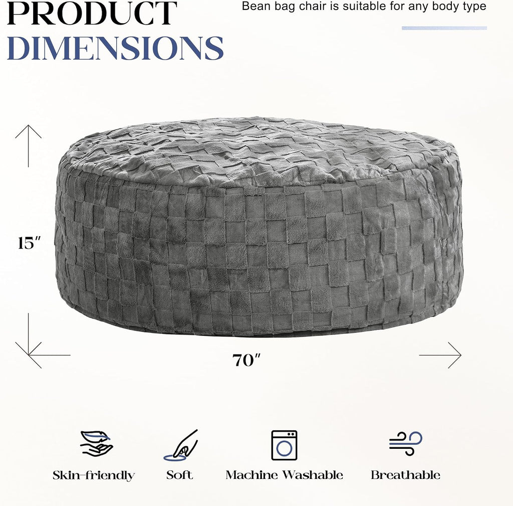 Hobestluk Bean Bag Chairs Beanbag Chair with Filler Adult Bean Bags with Fluffy Cover, Giant Bean Bag Chairs for Aduts for Living Room, Bedroom (Grey, 6FT - 70' x 70' x 15')