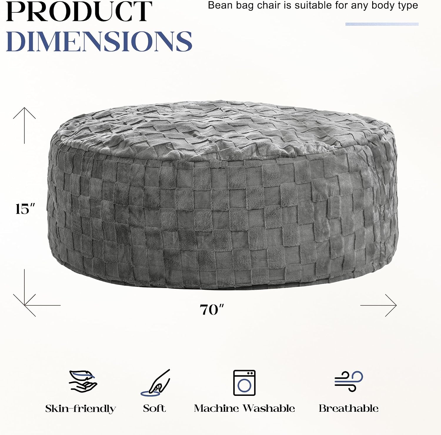 Hobestluk Bean Bag Chairs Beanbag Chair with Filler Adult Bean Bags with Fluffy Cover, Giant Bean Bag Chairs for Aduts for Living Room, Bedroom (Grey, 6FT - 70' x 70' x 15')
