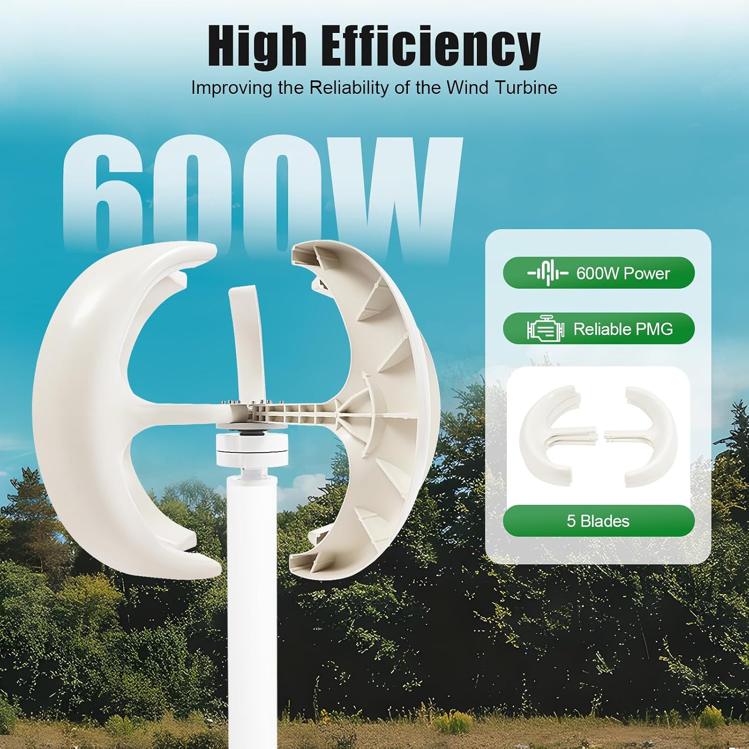 Wind Turbine Generator, 5 Blades Charger Controller 12V Kit, 600W Vertical Lantern Wind Turbine Generator