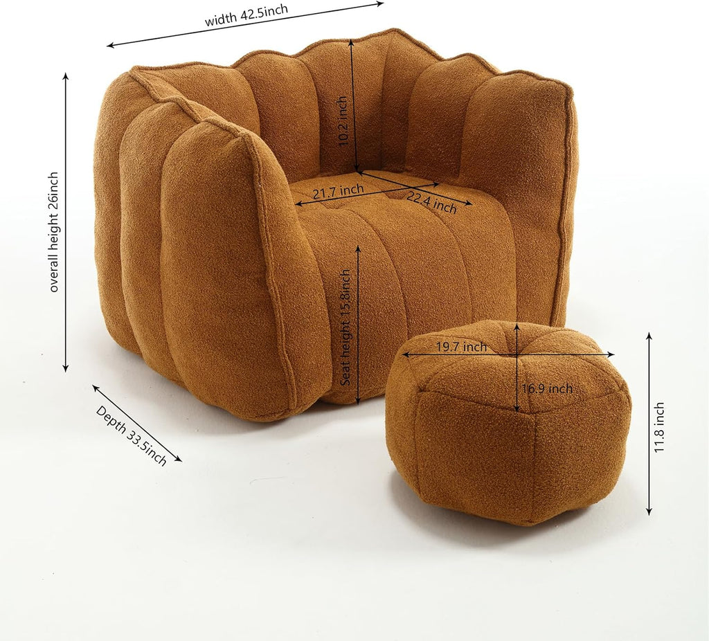 Giant Bean Bag Chair with Ottoman, Oversized Beanbag Chair for Adults, Comfy Floor Sofa Chair with Foam Filler, Pumpkin Lazy Lounger for Living Room, Game Room, Reading Corner, Chenille Yellow