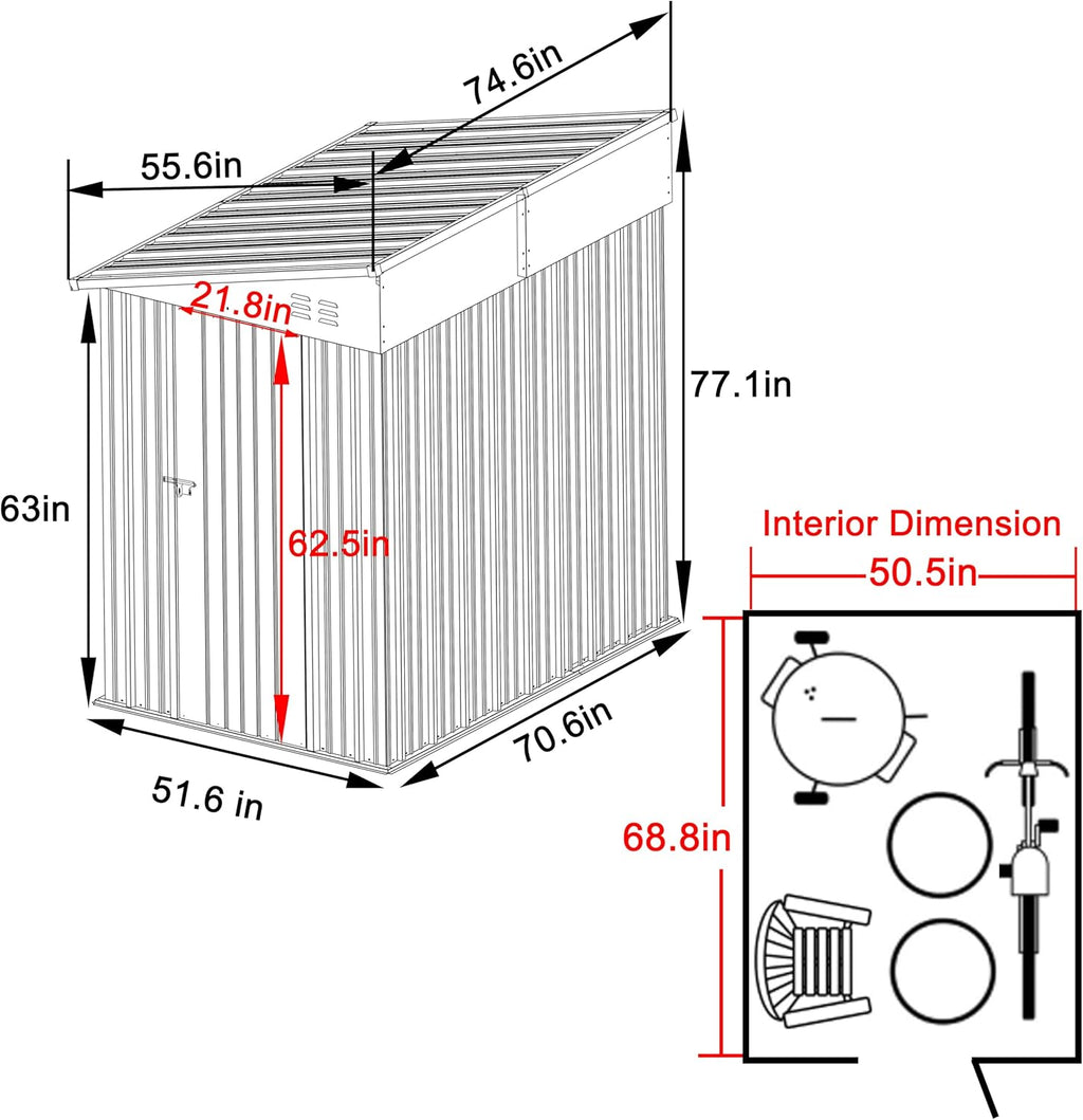MUPATER 4x6 FT Outdoor Storage Shed with Lockable Door, Metal Lean to Shed Garden Tool Shed House, Storage Shed Kit for Patio, Backyard, Lawn, Grey