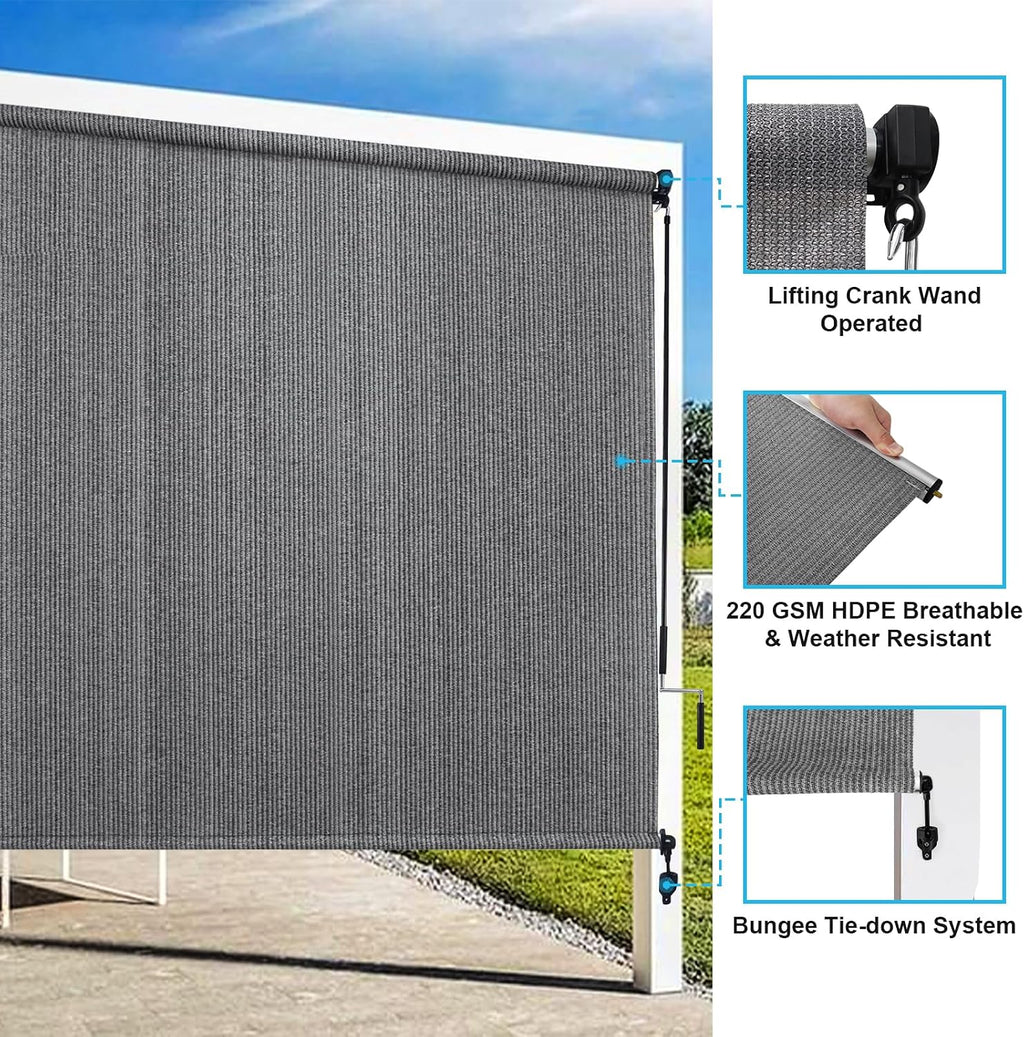 Amagenix Outdoor Roller Shades, 220GSM HDPE Exterior Cordless Patio Shades Roll Up Outdoor Blinds for Porch Gazebo 10'(W) x 8'(H), Spliced Poles Design, Grey