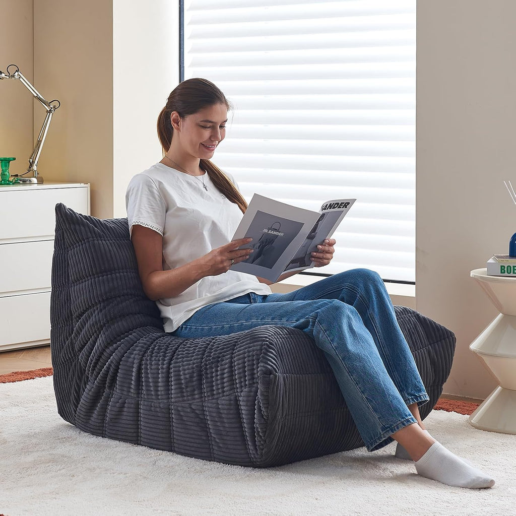 Bean Bag Chairs for Adults Teens Kids, Fireside Chair Bean Bag Lounger with Memory Foam Filled, Bean Bag Sofa for Living Room, Dorms, Apartments, Reading Corner (Grey Corduroy)