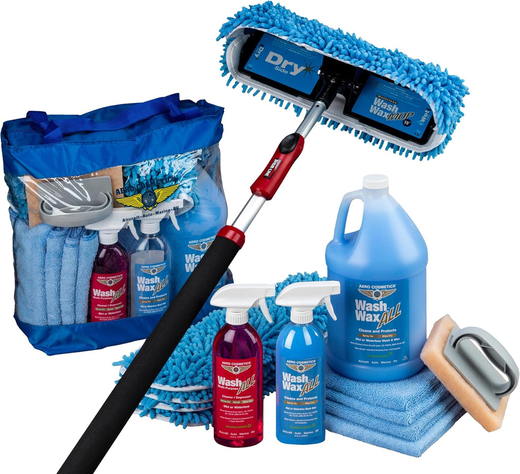 Aero Cosmetics Waterless RV Aircraft Boat Wash Wax Mop Kit with Deluxe Pole 3' 9' to 9' No Ladder Needed, Wash, Wax, Dry, Anywhere, Anytime, No Restrictions
