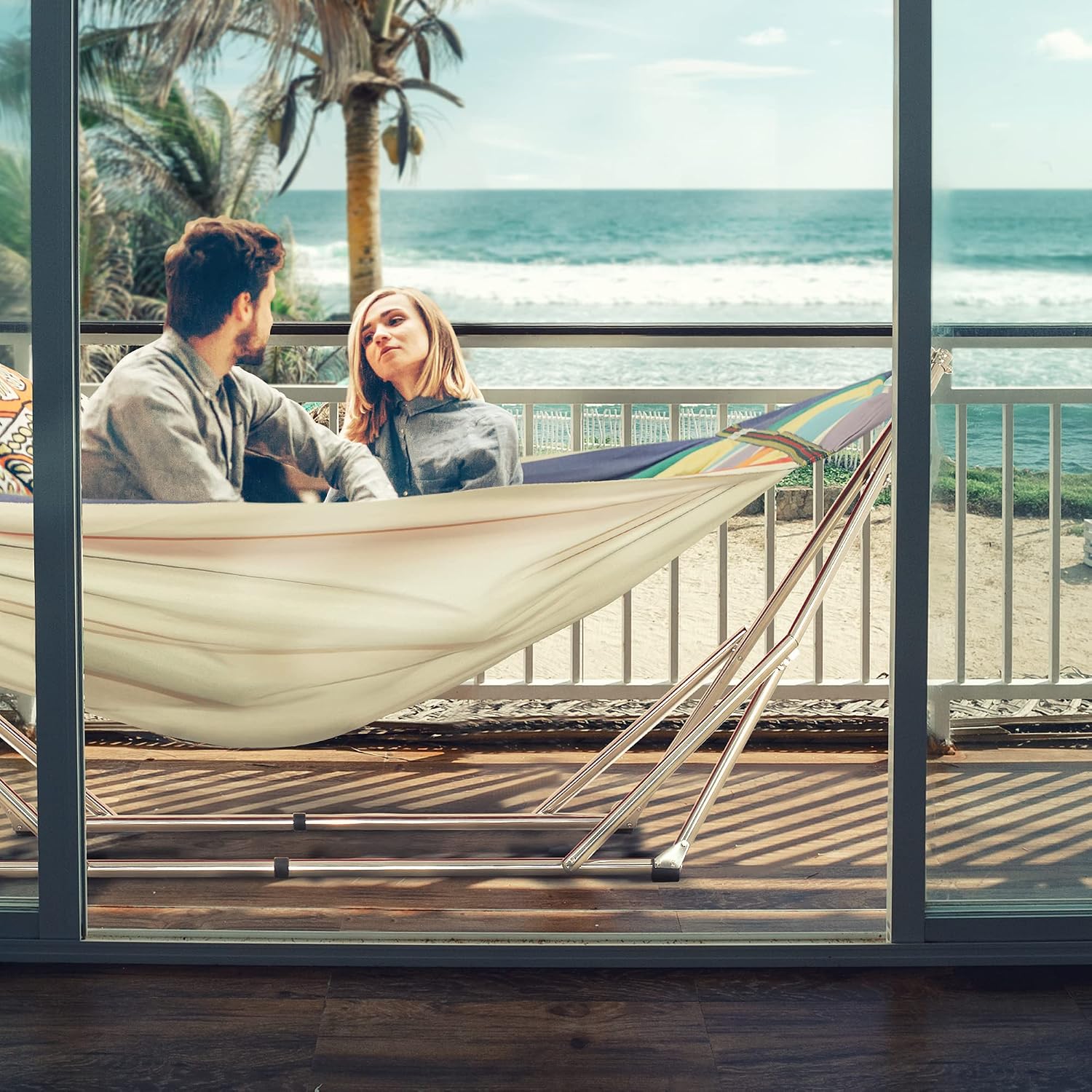 Tranquillo Double Hammock with Stand 550lb Capacity Double Hammock with Spreader Bar, Solid Grade 201 Stainless Steel 30s Set Up, Sturdy Flexible Hammock Stand Portable, Outdoor Indoor, Rainbow