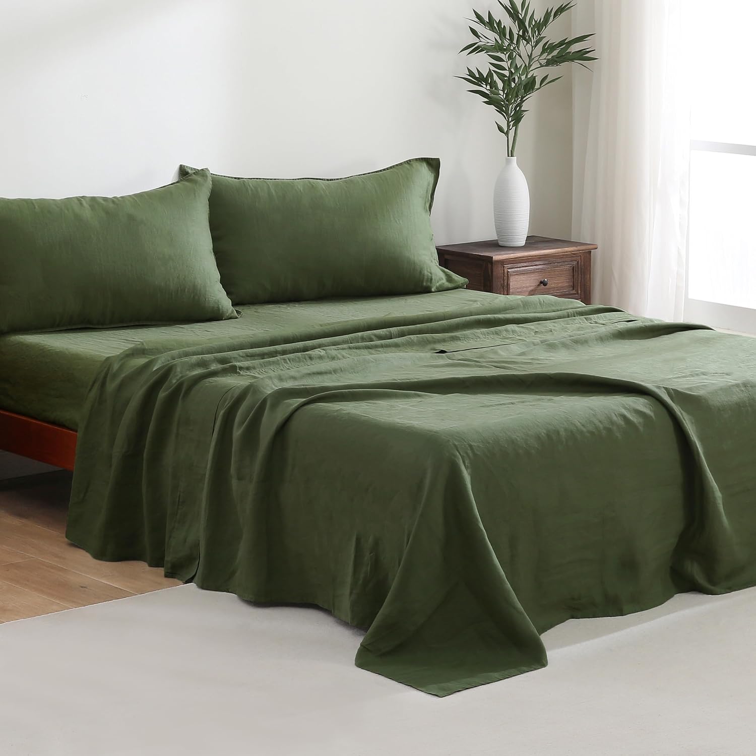100% French Linen Sheets Set Cal King Size-4Pcs Natural Washed Flax Bed Sheets Soft Breathable and Durable- 1 Flat Sheet 1 Fitted Sheet 2 Pillowcases (Green, Cal King)