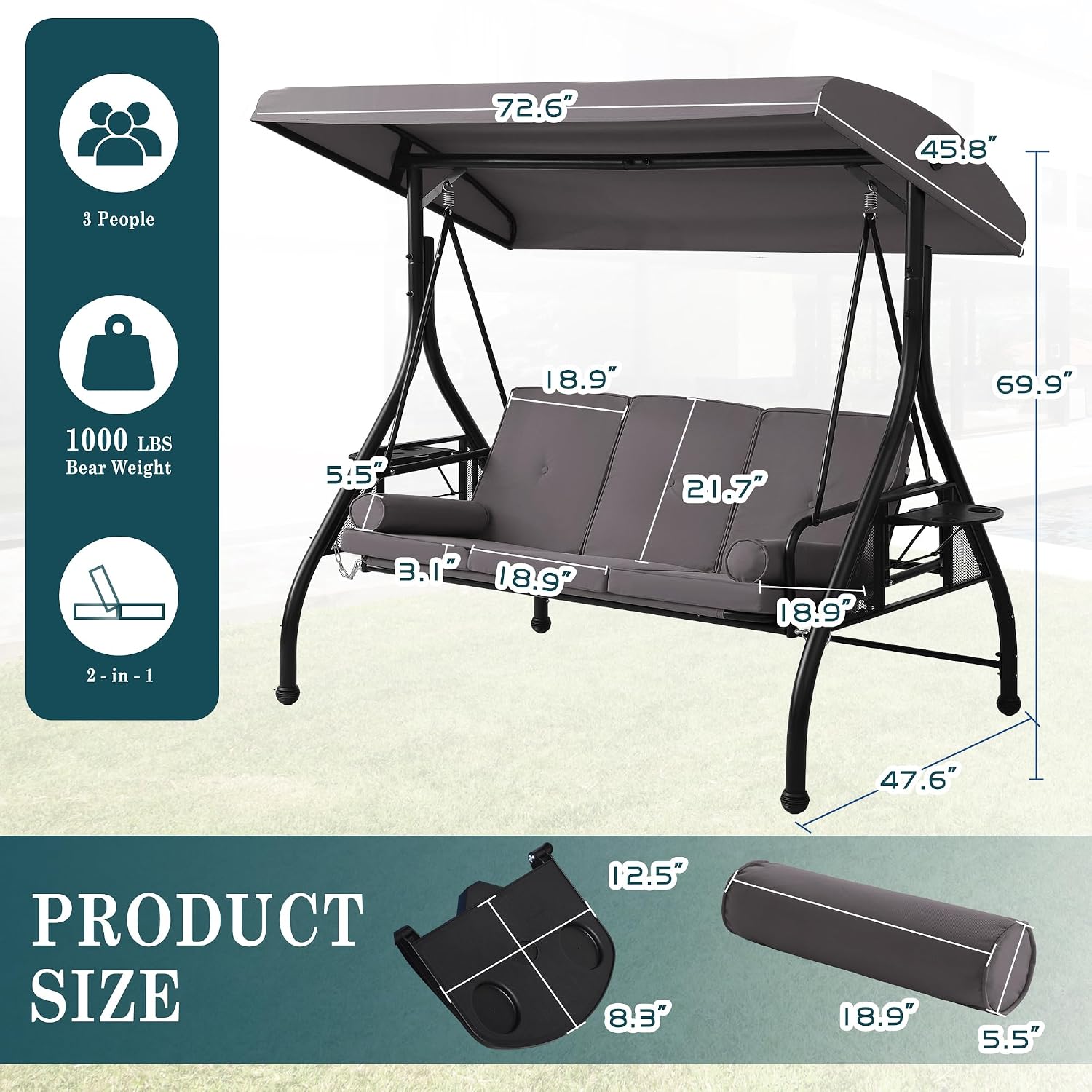 MAGIC UNION 3-Seat Outdoor Patio Swing with Stand, 3 in 1 Porch Swings with Adjustable Canopy, Upgraded Pillows Cushions and Foldable Cup Holders for Backyard, Porch, Garden(Gray)