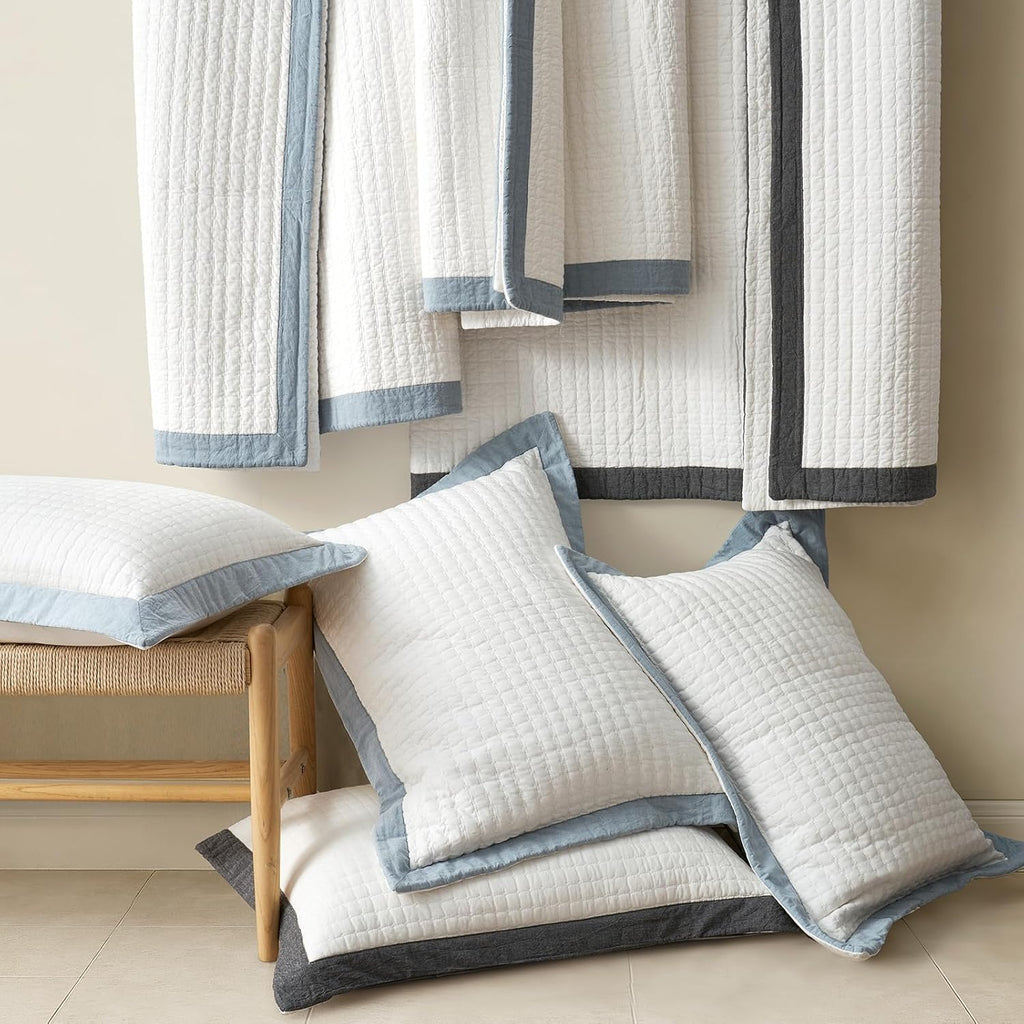 EVERGRACE Cotton Border Frame Tack-Stitch Quilt Bedding Set King Size, Coastal Oversized 3 Pieces Lightweight Bedspread Coverlet for All Season, with 2 Matching Shams, Blue Linen
