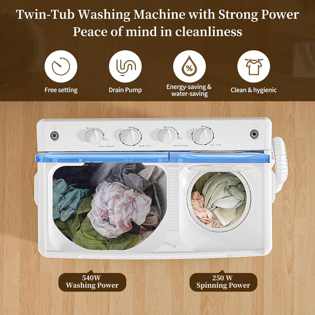 VCJ Portable Washing Machine, Twin Tub Washing Machine Laundry Compact Washer spinner Combo with 40lbs capacity, 24Lbs Washer and 16Lbs Spinner dryer for Apartments RVs and Dorms