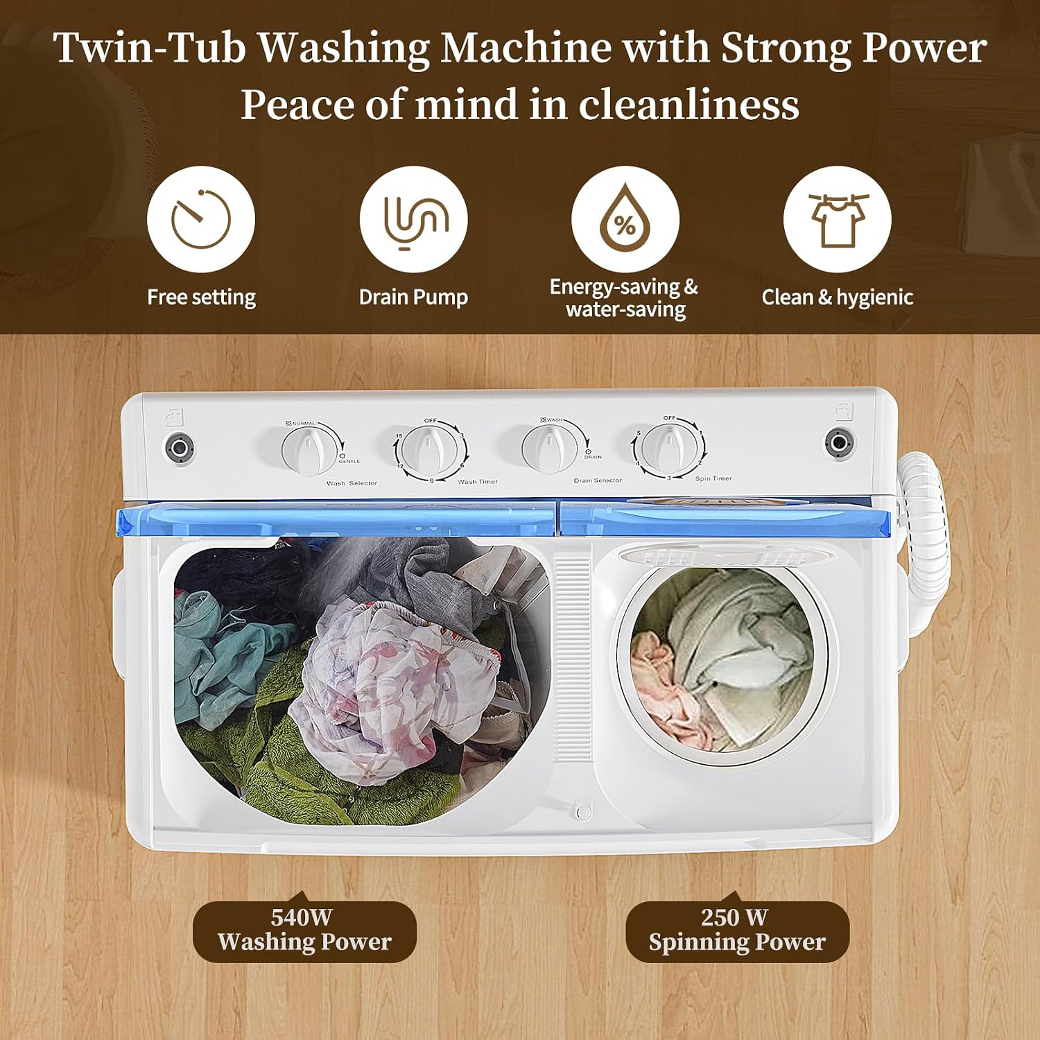VCJ Portable Washing Machine, Twin Tub Washing Machine Laundry Compact Washer spinner Combo with 40lbs capacity, 24Lbs Washer and 16Lbs Spinner dryer for Apartments RVs and Dorms